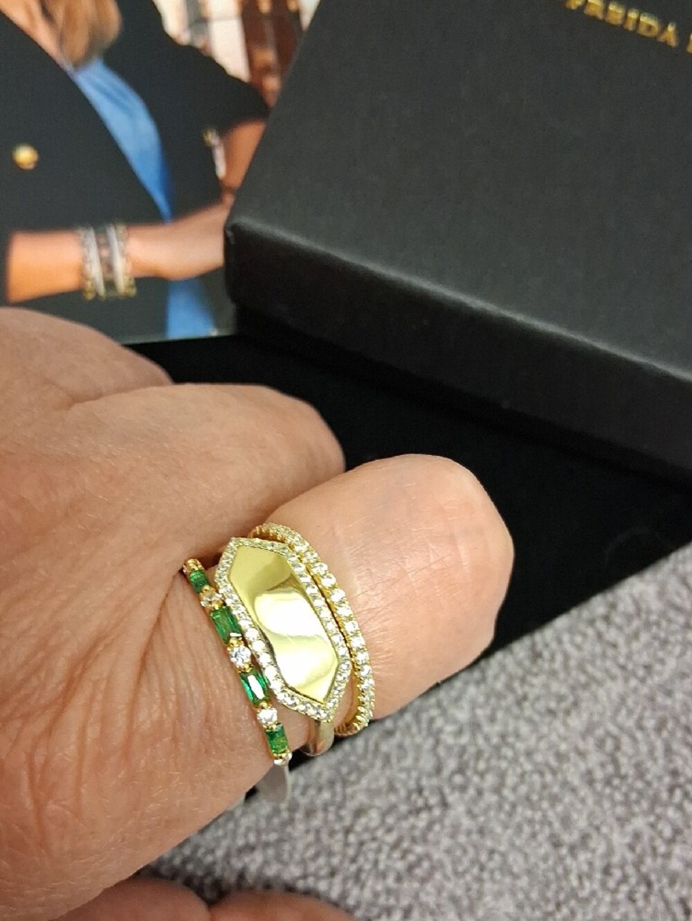 Gold 3 Piece Stackable Ring Set with Green Stones - Size 7 - Picture 2 of 6